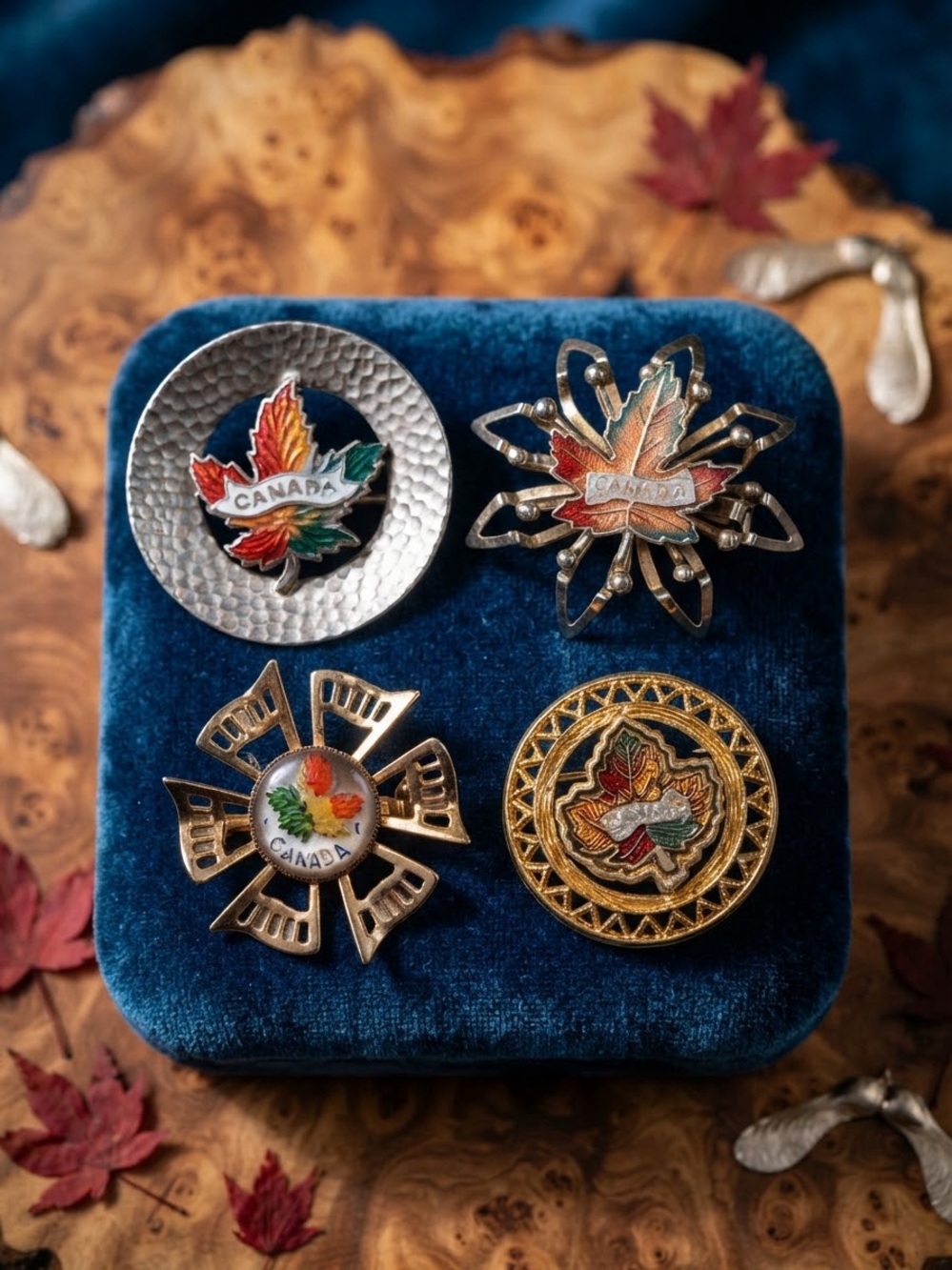 Vintage Canadian Souvenir Brooch Lot Set of 4 Enamel Maple Leaf Pins Gold & Sil.